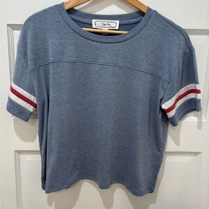 Hippie Rose Blue Tee with Red and White Sleeve Stripes